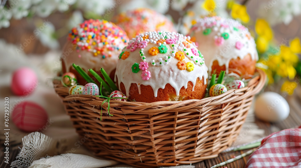 easter cake with colorful eggs and flowers on wooden background.