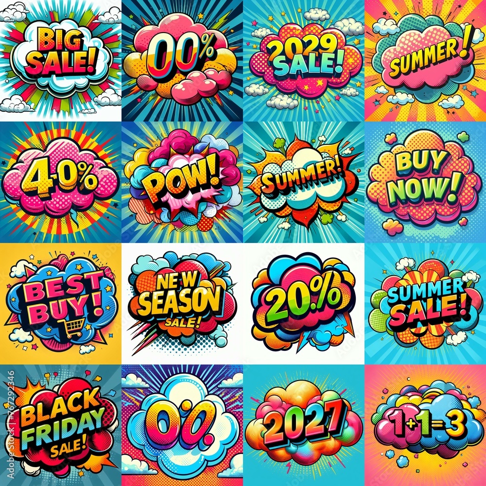 Sale stickers pop art style. AI generated illustration Sale stickers pop art style. AI generated illustration
