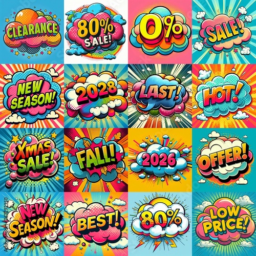 Sale stickers pop art style. AI generated illustration