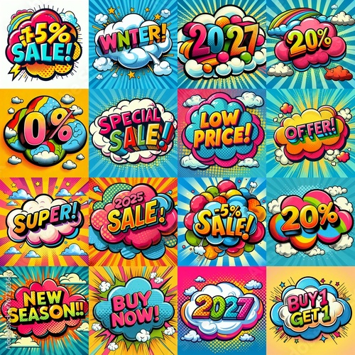 Sale stickers pop art style. AI generated illustration