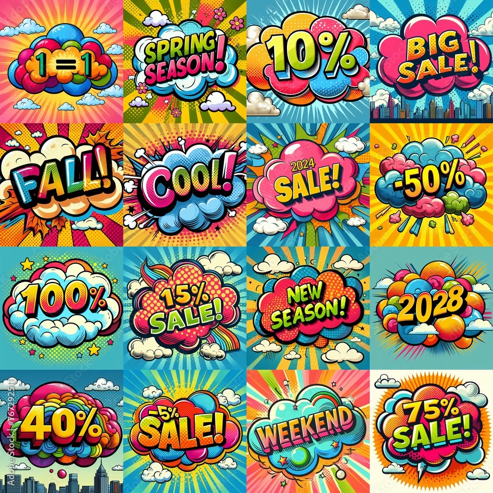 Sale stickers pop art style. AI generated illustration