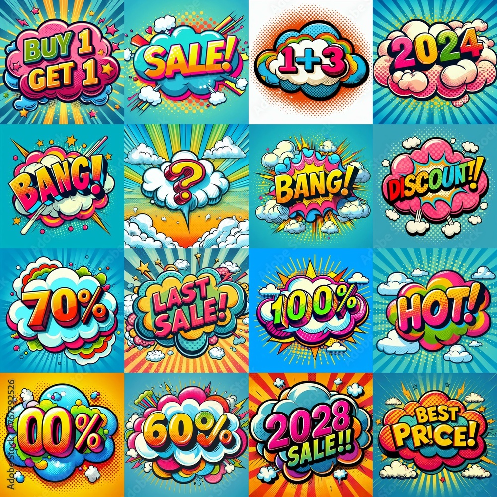 Sale stickers pop art style. AI generated illustration Sale stickers pop art style. AI generated illustration