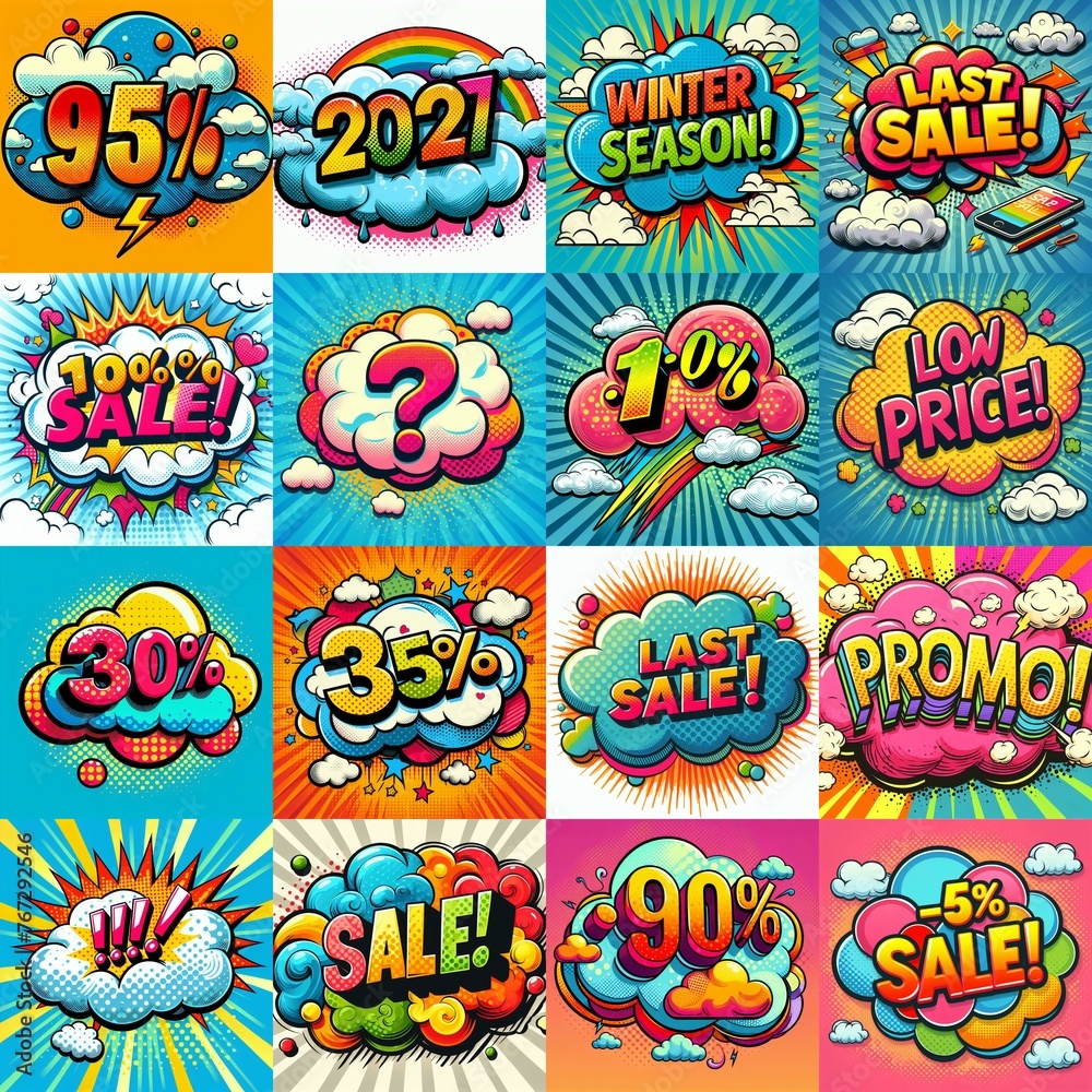 Sale stickers pop art style. AI generated illustration