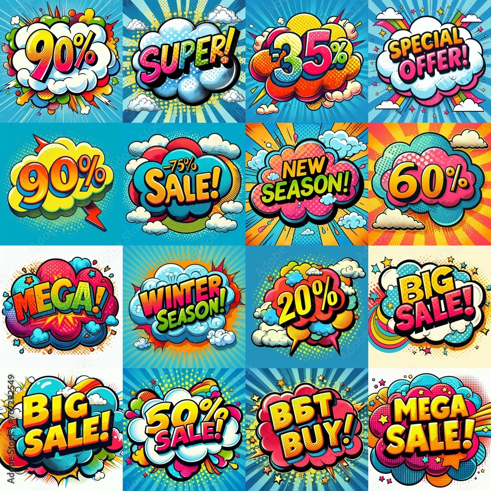 Sale stickers pop art style. AI generated illustration