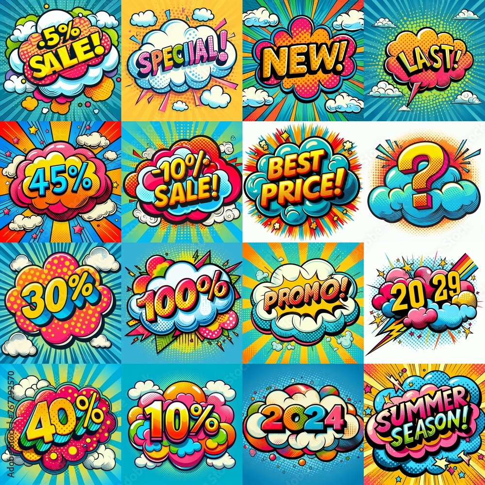 Sale stickers pop art style. AI generated illustration Sale stickers pop art style. AI generated illustration