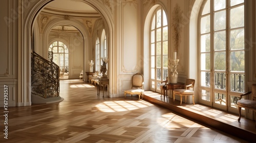 Opulent French chateau oval hallway with arched windows herringbone parquet floors mirror-paneled walls gilded plaster details and curving staircases.