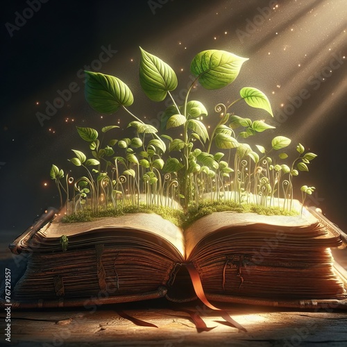 Enchanted Garden Storybook: A Magical Forest Sprouting from Ancient Wisdom's Pages, Symbolizing Imagination's Blossom