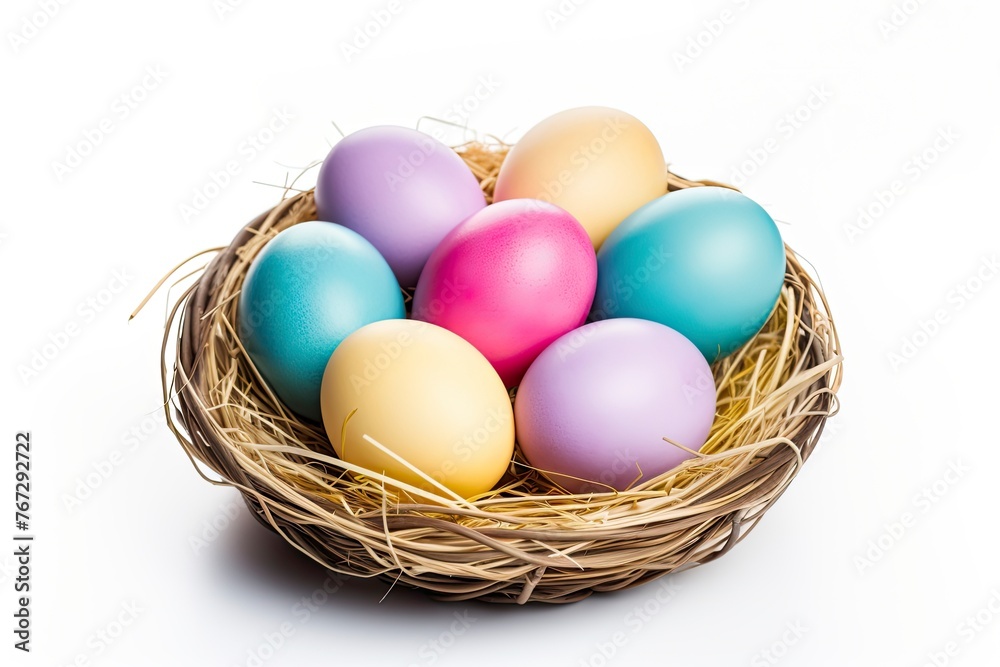 Multi colors Easter eggs in the woven basket isolated on white background with clipping path. Pastel color Easter eggs - generative ai Multi colors Easter eggs in the woven basket isolated on white background with clipping path. Pastel color Easter eggs - generative ai