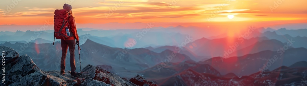 Woman in hiking gear on the peak of a mountain at sunrise. Copy space. Banner.