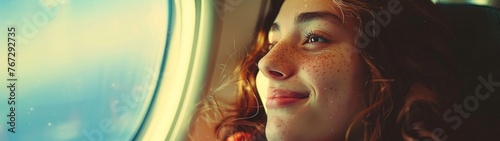 Portrait of a joyful girl airplane passenger looking out the airplane window. Banner. photo