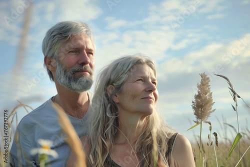 Middle-aged couple looking wearily but hopefully towards the sky. Stand in a field of tall grass. photo