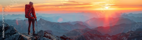 Woman in hiking gear on the peak of a mountain at sunrise. Copy space. Banner.