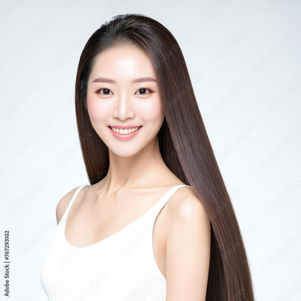 beautiful young woman with long hair, wearing a white top and smiling at the camera. She appears to be happy and confident, generative AI beautiful young woman with long hair, wearing a white top and smiling at the camera. She appears to be happy and confident, generative AI