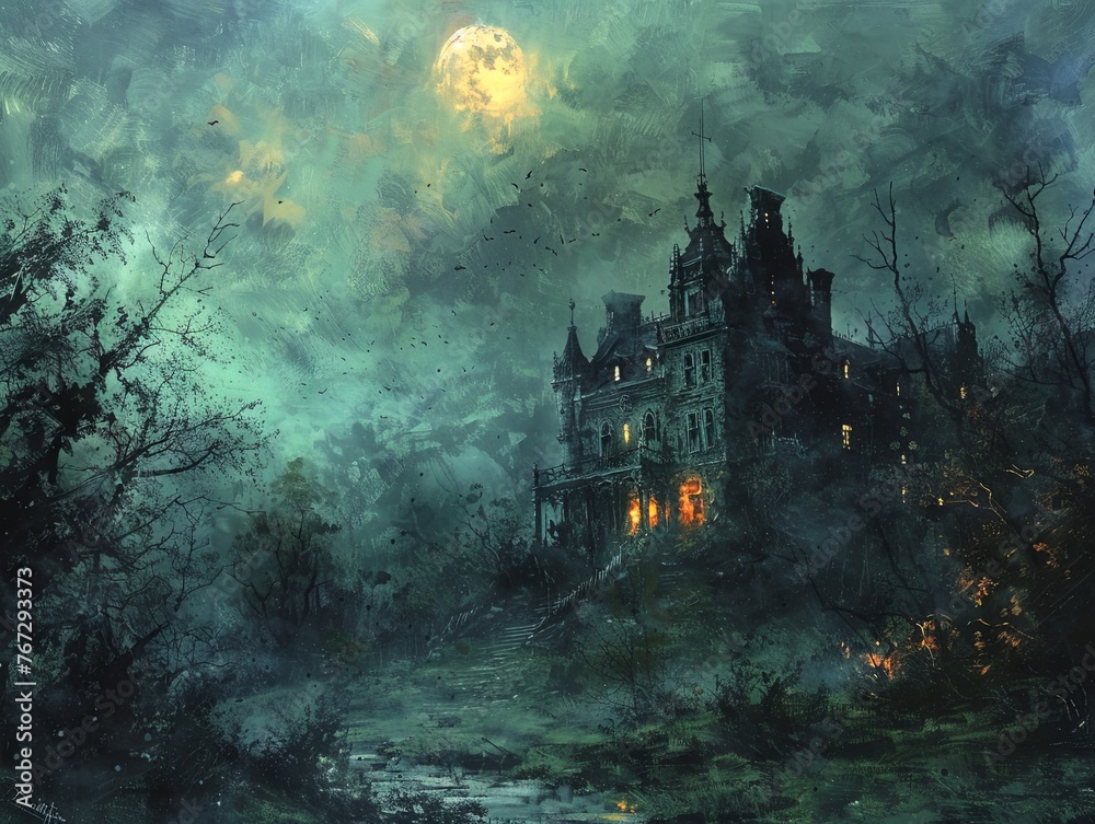 Ghoulish delight, a haunted manor looms under a starless sky, Halloween whispers in the chill wind