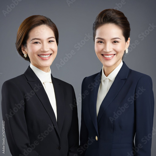 The two women in the image are wearing business suits and standing next to each other, both smiling and posing for a picture., generative AI