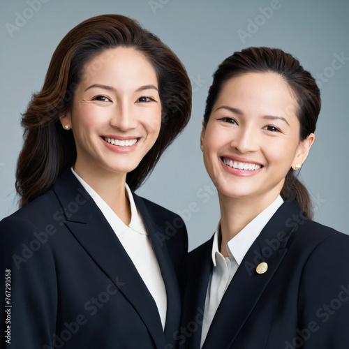 The two women in the image are wearing business suits and standing next to each other, both smiling and posing for a picture., generative AI