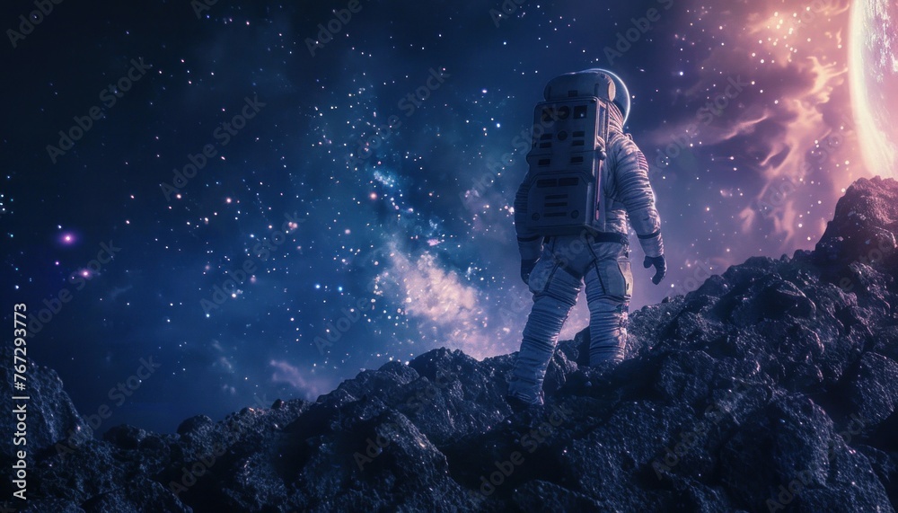 Astronaut exploring alien terrain under cosmic skies