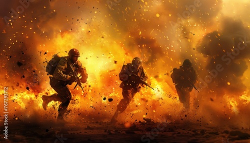Soldiers running through explosive battlefield