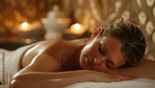 Woman relaxes during a tranquil spa therapy session illuminated by candlelight