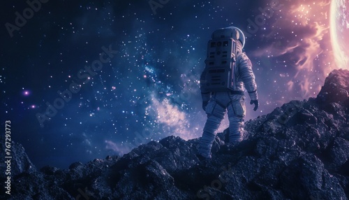 Astronaut exploring alien terrain under cosmic skies