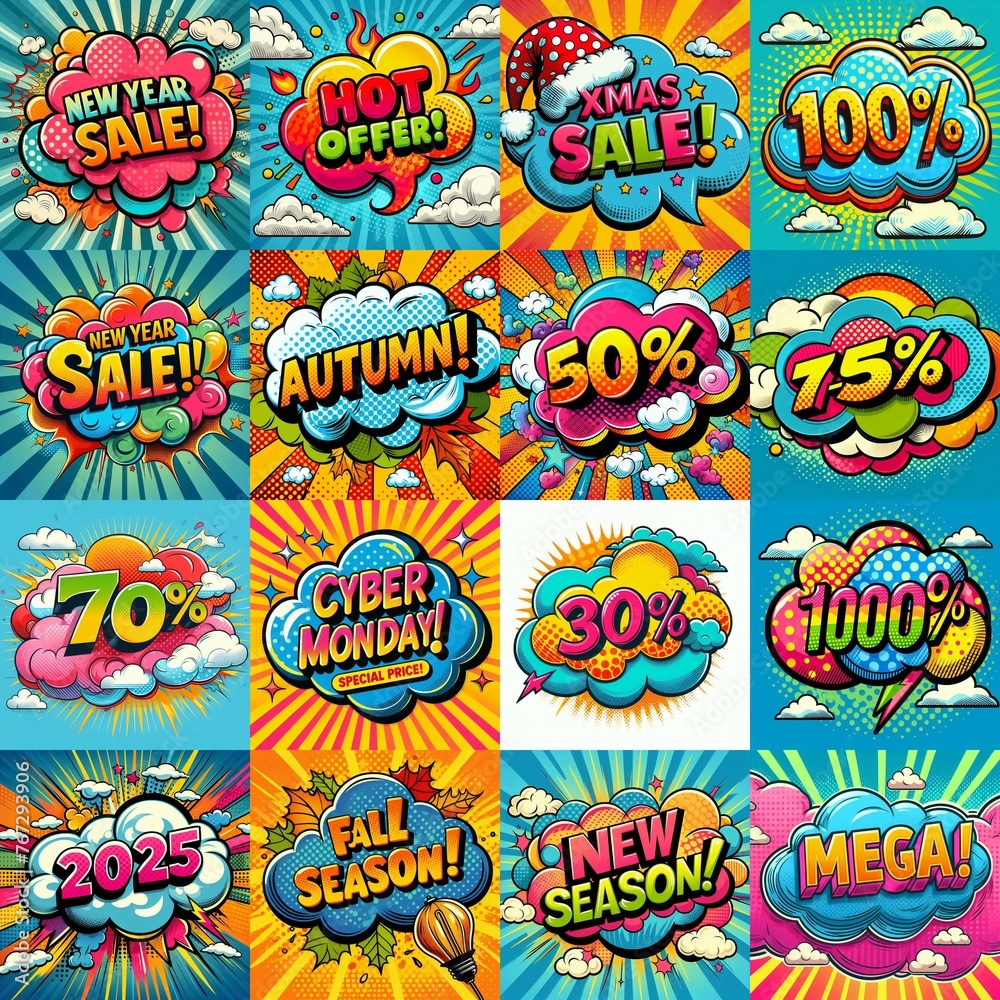 Sale stickers pop art style. AI generated illustration Sale stickers pop art style. AI generated illustration