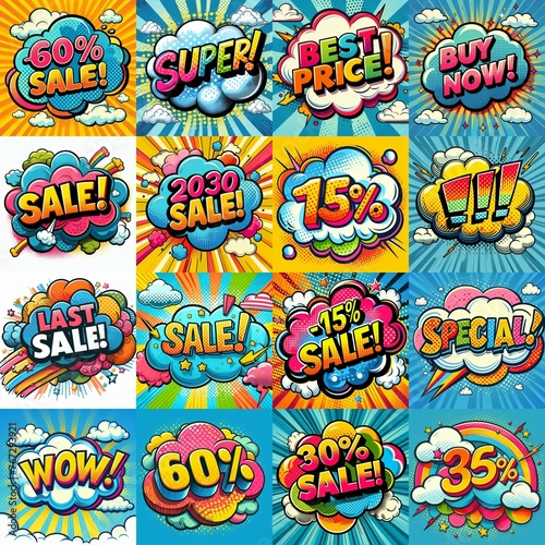 Sale stickers pop art style. AI generated illustration