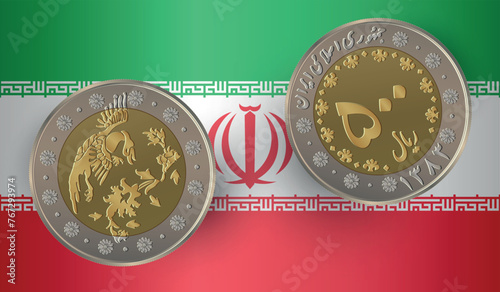 500 Iranian rial coin with the Iranian flag in the background. Vector illustration.