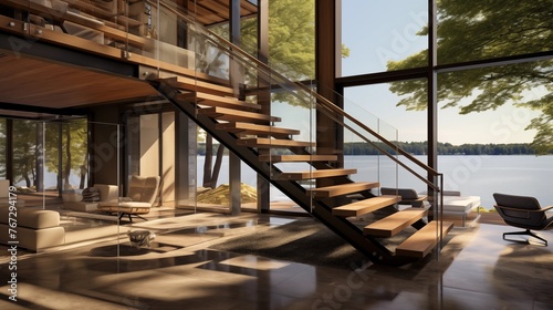 Organic modern lake house with floor-to-ceiling glass warm wood siding and floating staircase. © Aeman