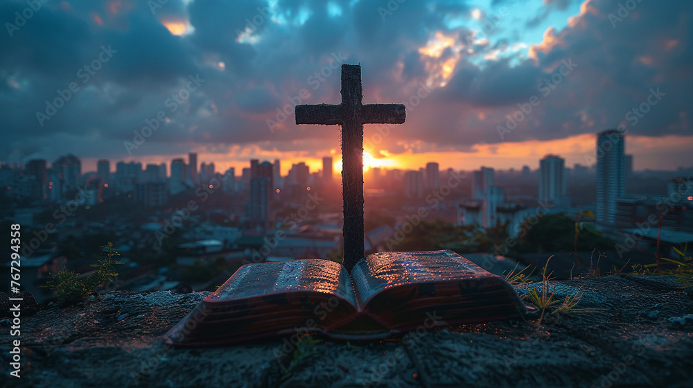 A Bible and rustic cross with a bustling cityscape behind the dynamic light of dusk creating a contrast between spirituality and urban life