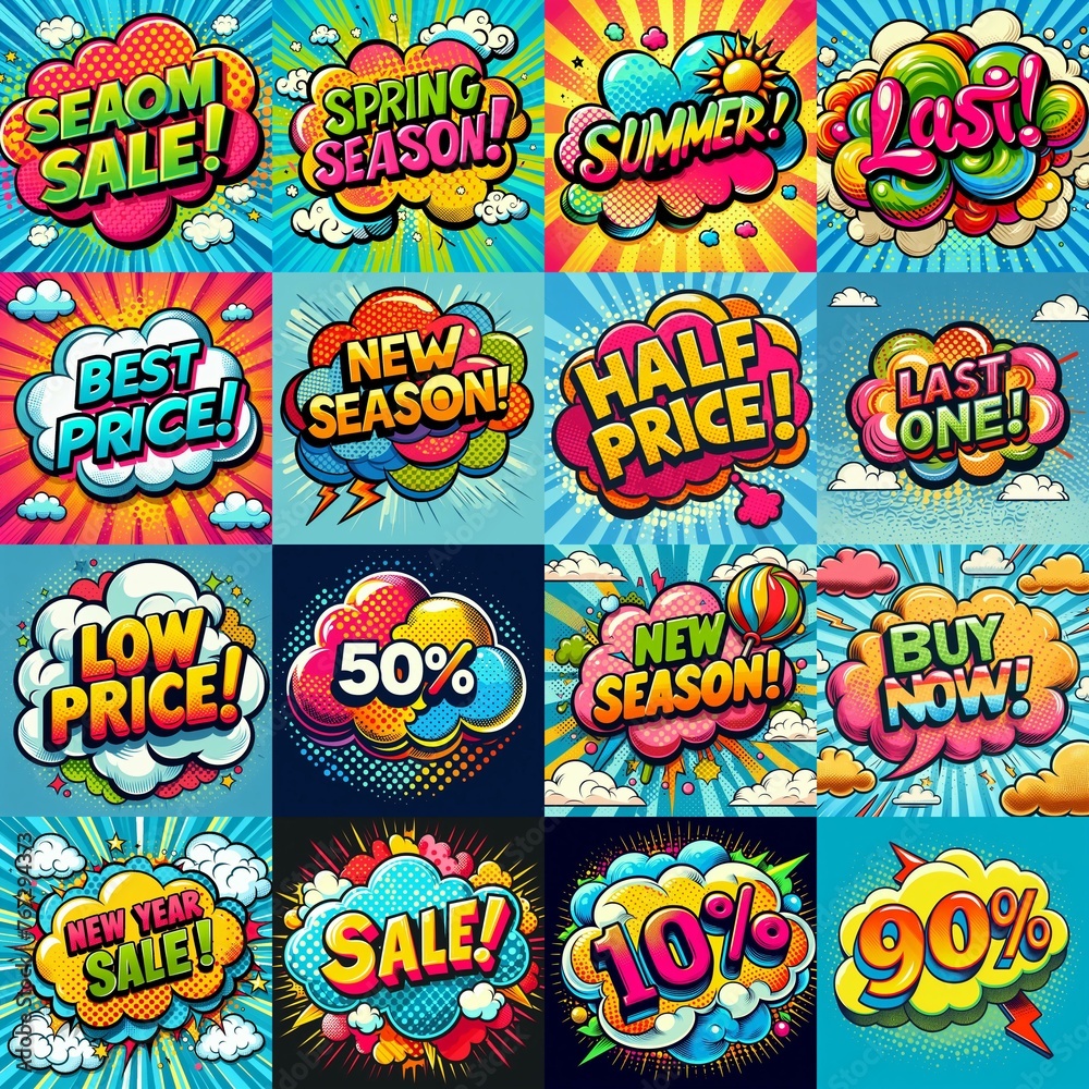 Sale stickers pop art style. AI generated illustration Sale stickers pop art style. AI generated illustration
