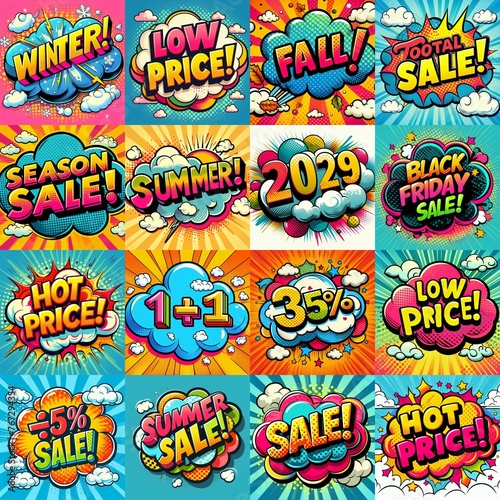 Sale stickers pop art style. AI generated illustration