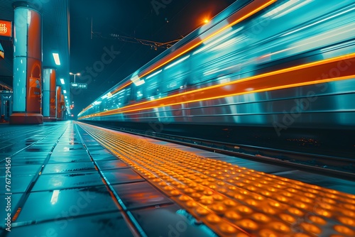 Un moderno tren de pasajeros pasa a alta velocidad en una de las estaciones del tren en la noche. Transporte moderno