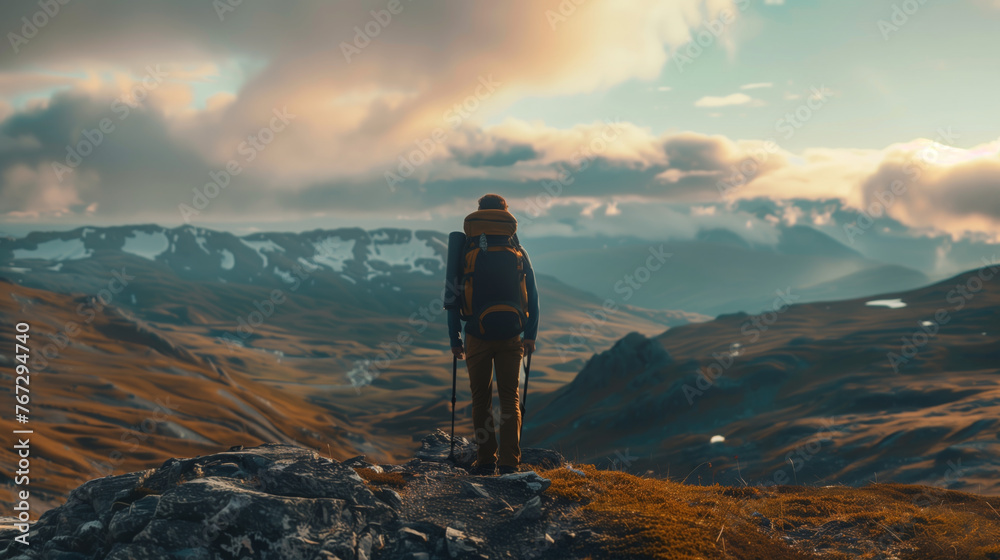 Hiker Standing at Mountain Overlook