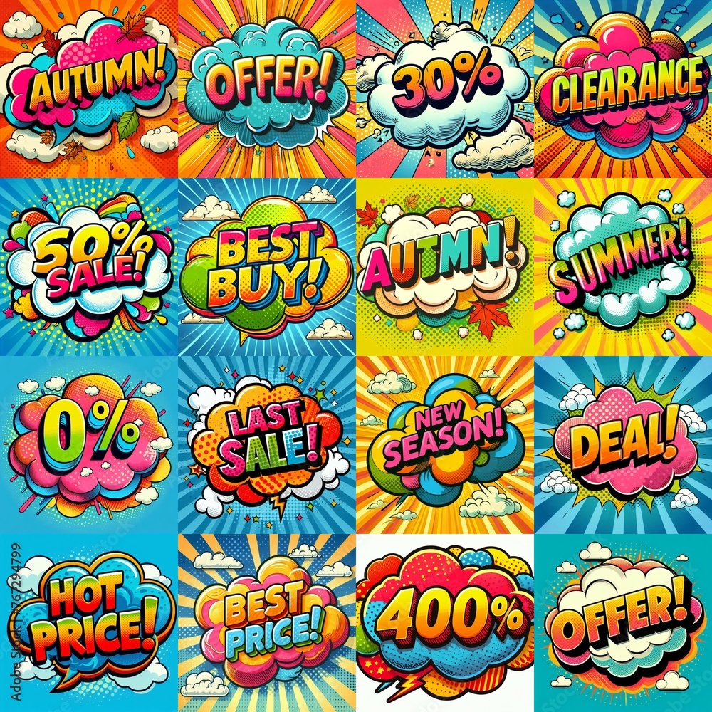 Sale stickers pop art style. AI generated illustration Sale stickers pop art style. AI generated illustration