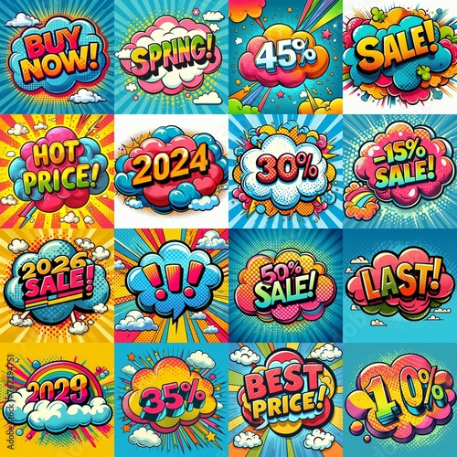 Sale stickers pop art style. AI generated illustration