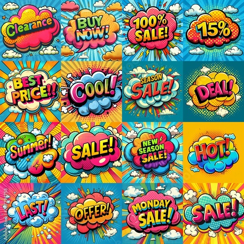 Sale stickers pop art style. AI generated illustration