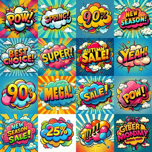 Sale stickers pop art style. AI generated illustration