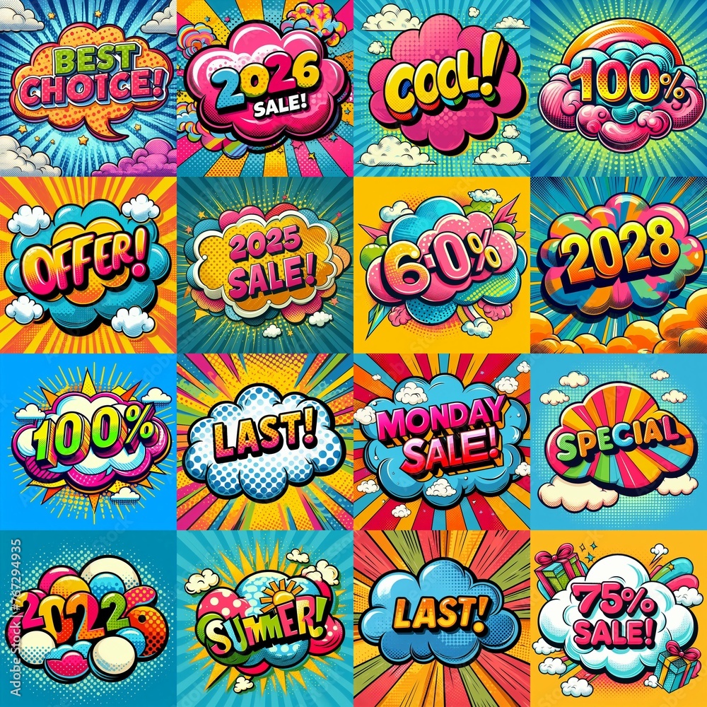 Sale stickers pop art style. AI generated illustration Sale stickers pop art style. AI generated illustration