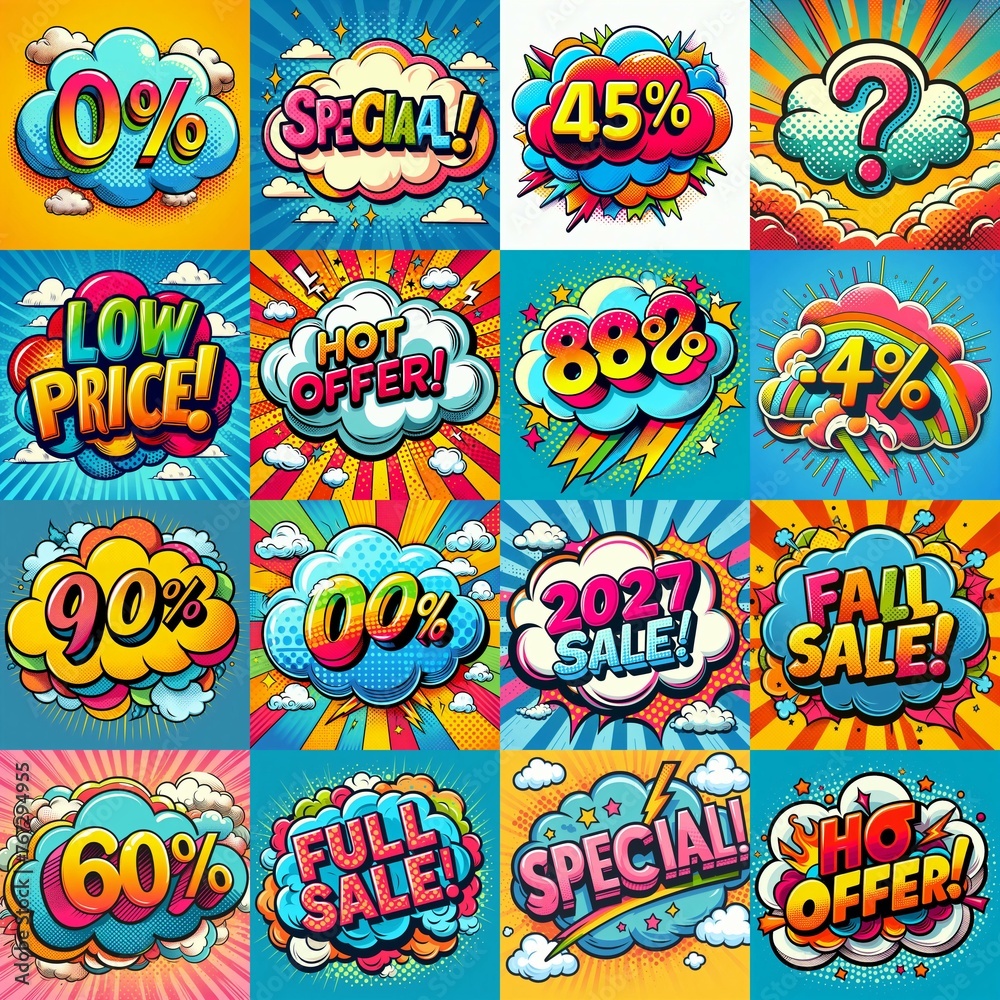 Sale stickers pop art style. AI generated illustration Sale stickers pop art style. AI generated illustration