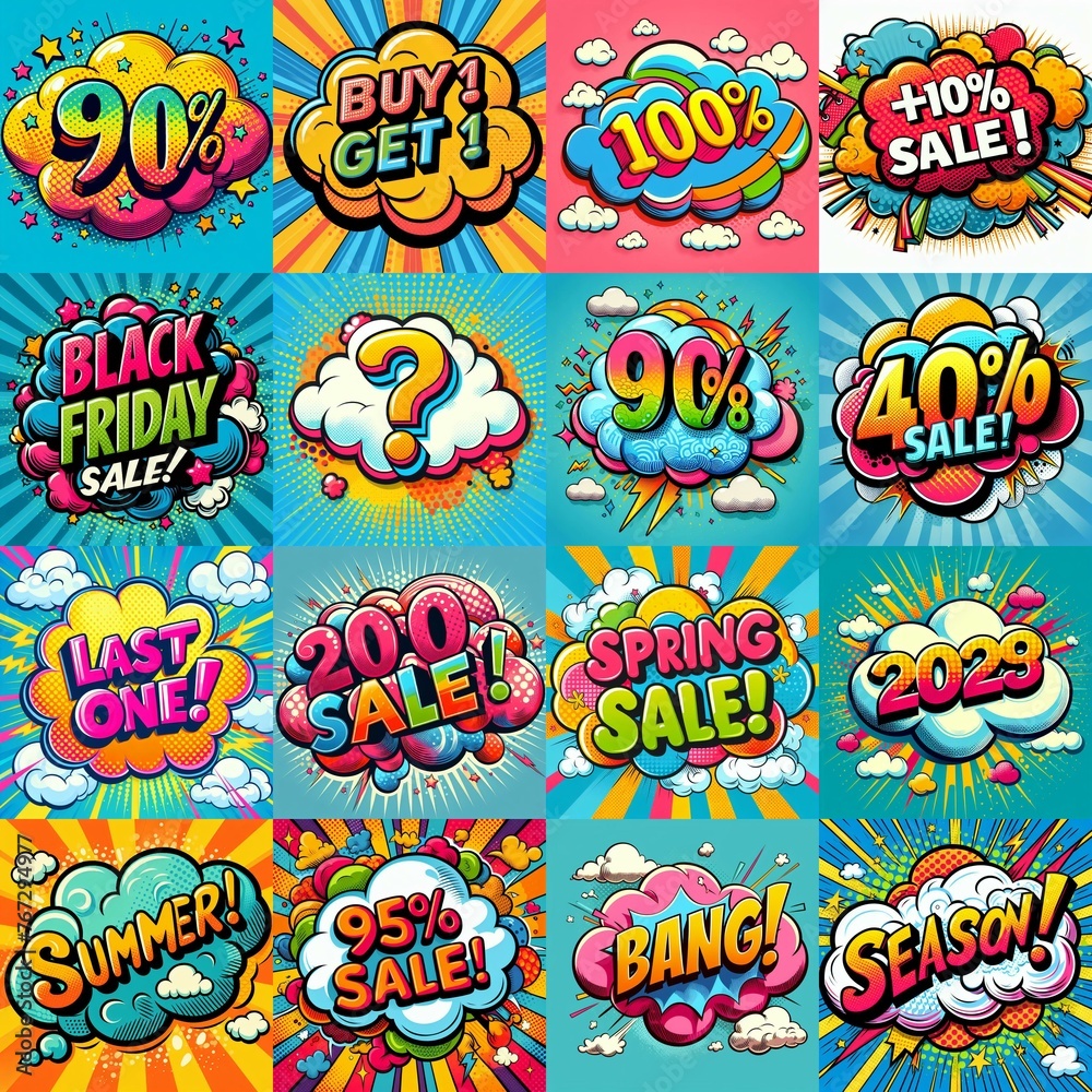 Sale stickers pop art style. AI generated illustration Sale stickers pop art style. AI generated illustration