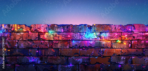 A weathered brick wall with neon lights creating an abstract mosaic of colors against a clear night sky. [Copy space on blank labels word].