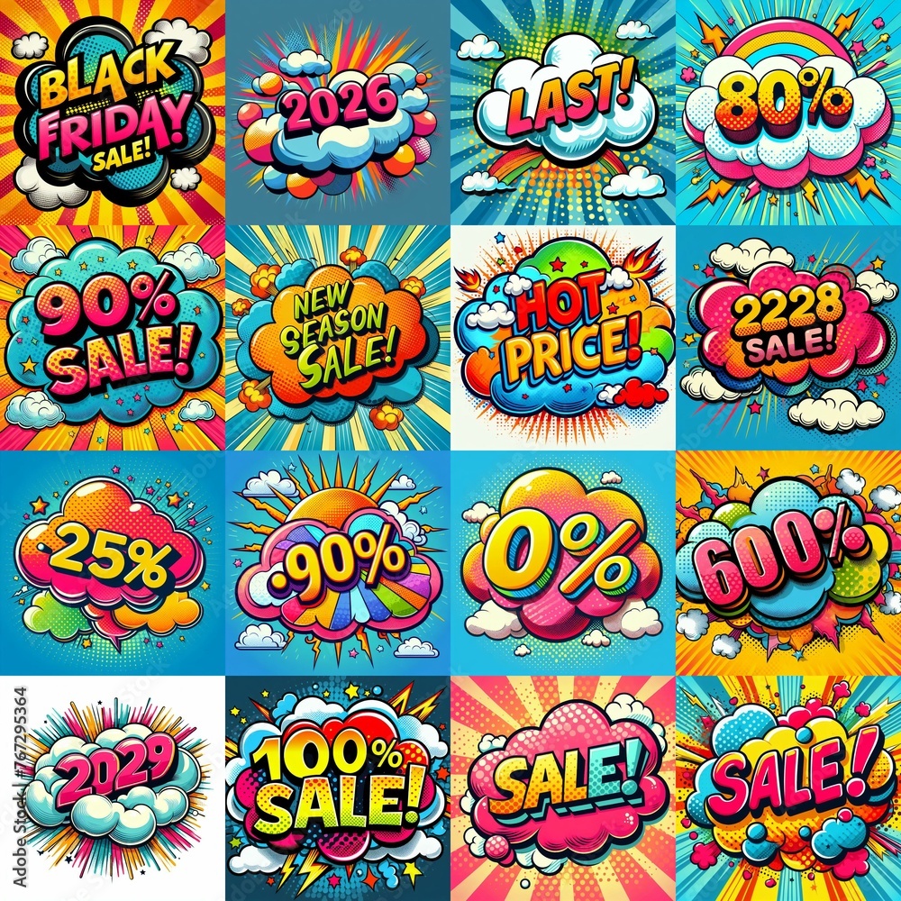 Sale stickers pop art style. AI generated illustration Sale stickers pop art style. AI generated illustration