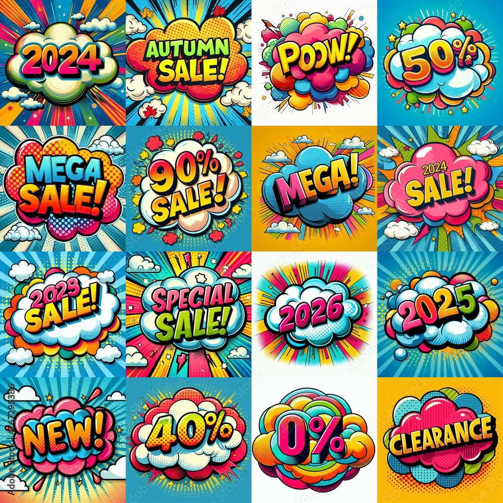 Sale stickers pop art style. AI generated illustration