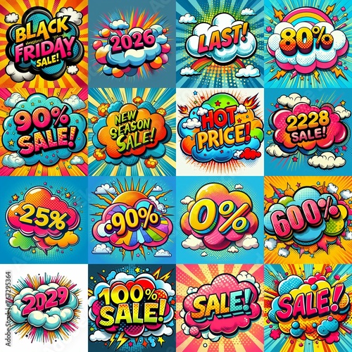 Sale stickers pop art style. AI generated illustration