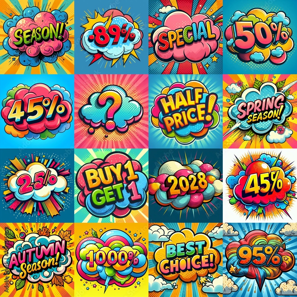 Sale stickers pop art style. AI generated illustration Sale stickers pop art style. AI generated illustration