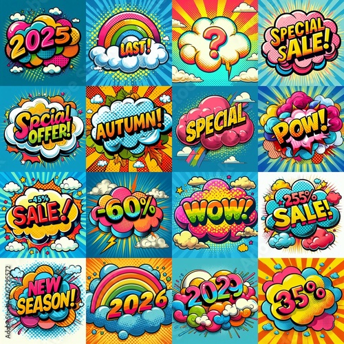 Sale stickers pop art style. AI generated illustration