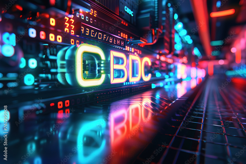 Futuristic CBDC Background on Digital Interface with Glowing Neon Lights