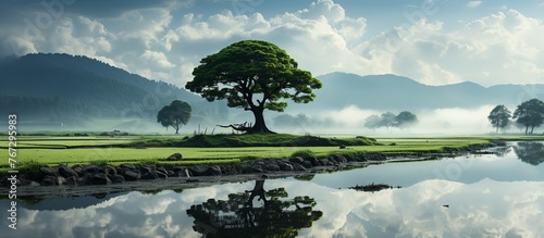 One tree surround by Paddy field background