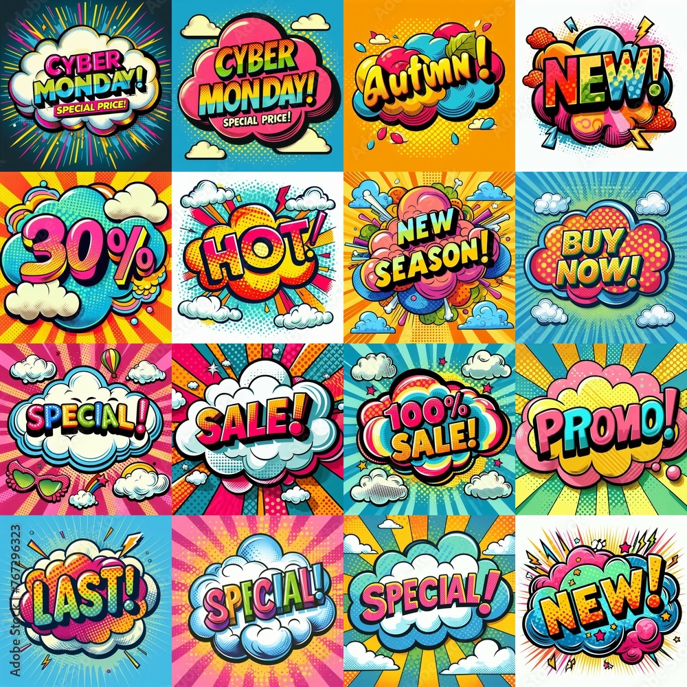 Sale stickers pop art style. AI generated illustration