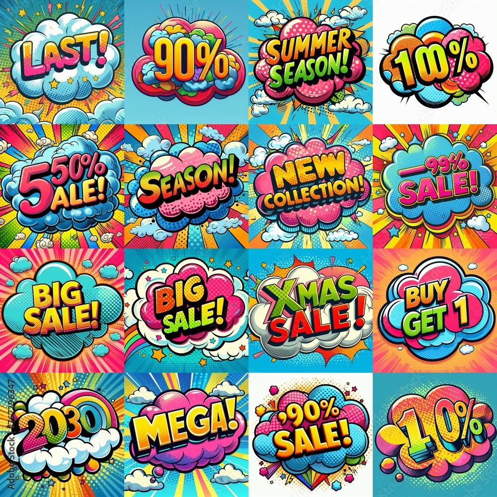 Sale stickers pop art style. AI generated illustration Sale stickers pop art style. AI generated illustration